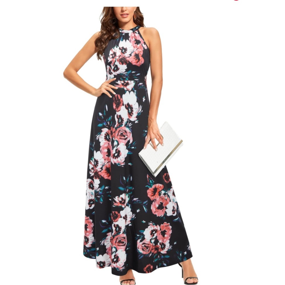 Floral Halter Maxi Dress - Black and Pink Floral